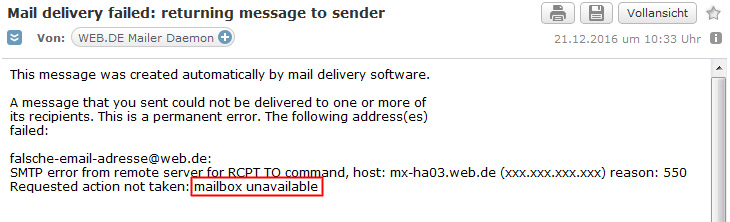 Unzustellbare E-Mail bei Web.de