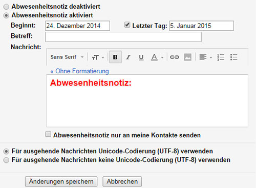 Einrichtung einer Abwesenheitsnotiz bei Google Mail