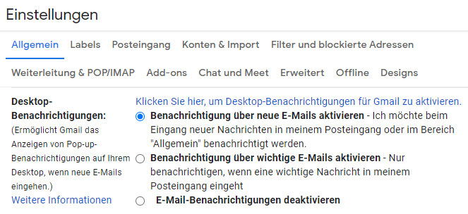 Aktivierung und Deaktivierung der Benachrichtigungen in Gmail