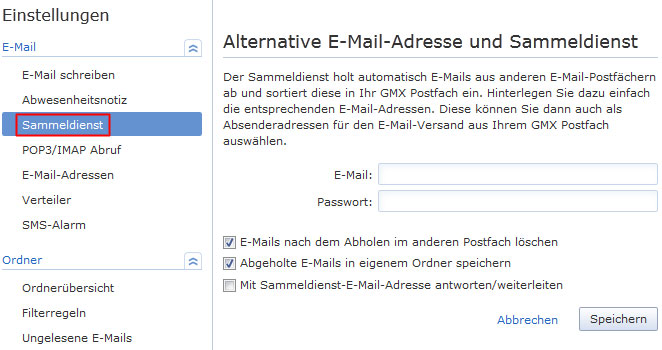 GMX Sammeldienst einrichten