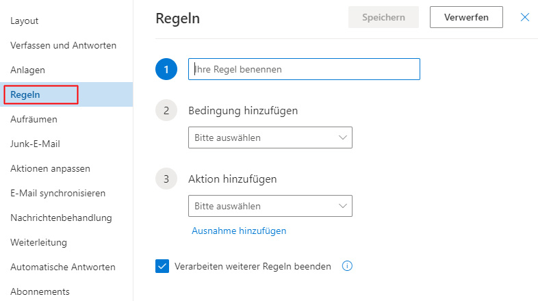 Outlook.com: Neue Regel hinzufügen