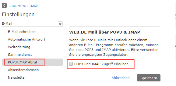 POP3/IMAP-Einstellungen für WEB.DE Mail