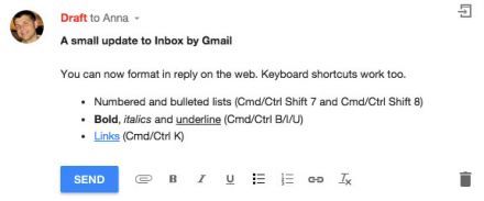 Inbox by Gmail mit neuen Formatierungsoptionen