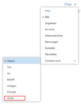 Microsoft Outlook.com - Filter - Sortieren nach