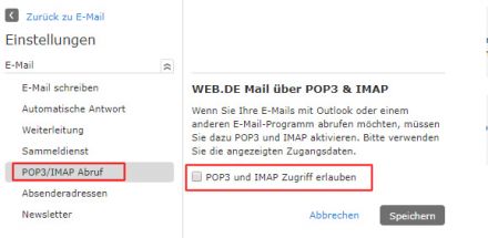 POP3/IMAP-Einstellungen für WEB.DE Mail
